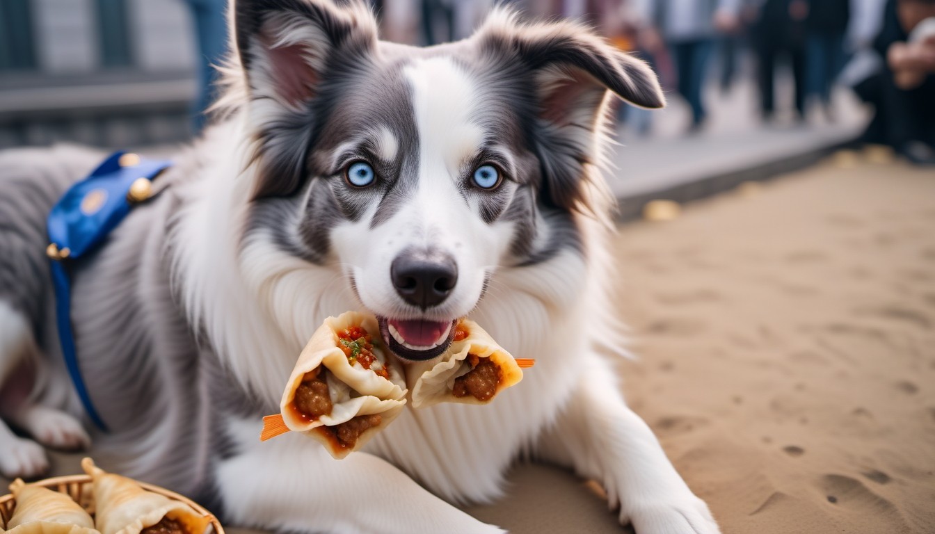 Border Collie Holding Two Dumplings in Mouth on Beach