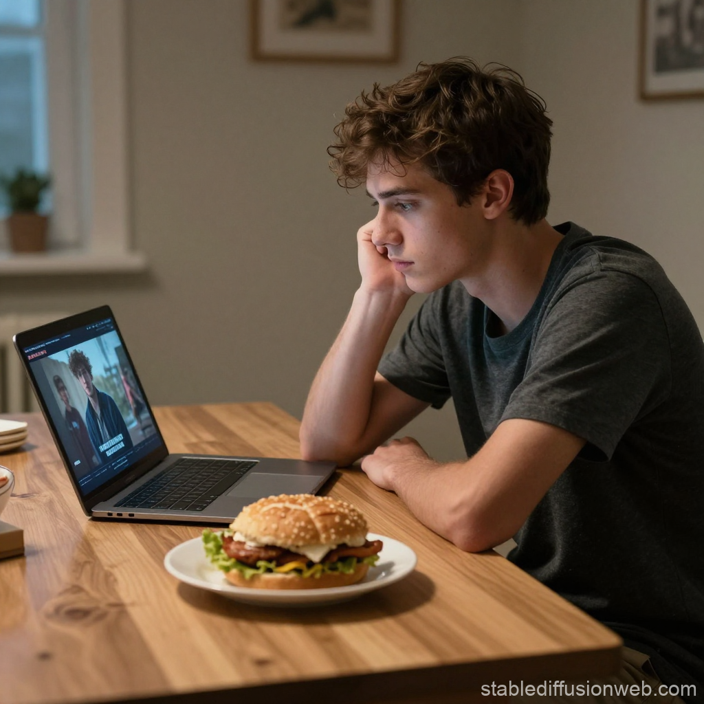 Bored Young Man Watching Laptop with Burger on Table
