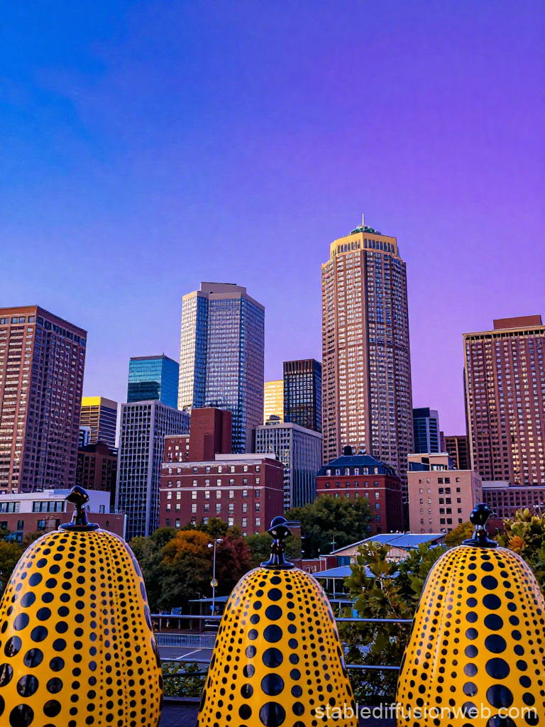 Boston Cityscape with Kusama-Inspired Yellow Polka Dot Sculptures