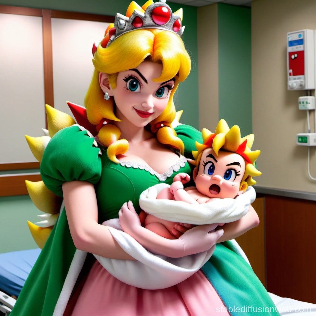 Bowsette Holding Baby Bowser in Hospital Room