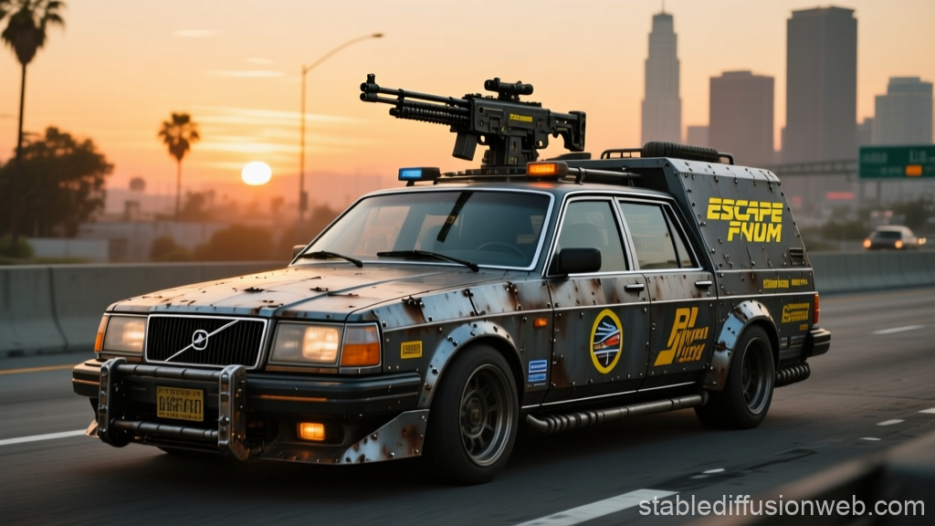 Boxy Retro Weaponized Courier Car at Sunset