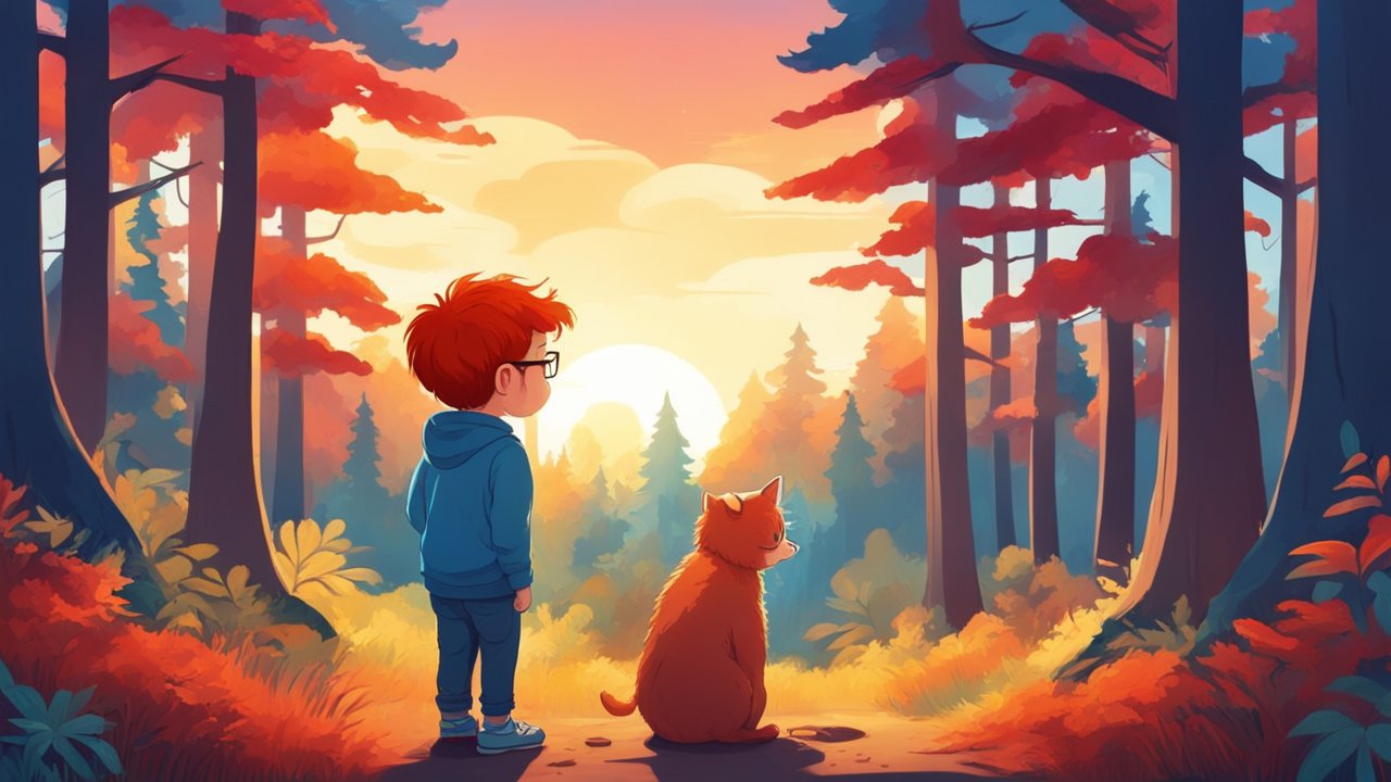 Boy and Cat Watching Sunset in Autumn Forest