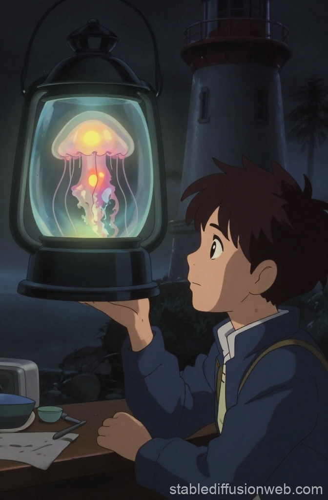 Boy Holding Lantern with Glowing Jellyfish Inside