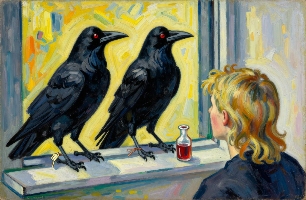 Boy Observing Ravens with Elixir on Window Sill