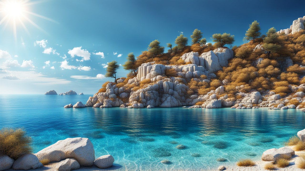 Breathtaking Noon View of a Greek Island Coastline