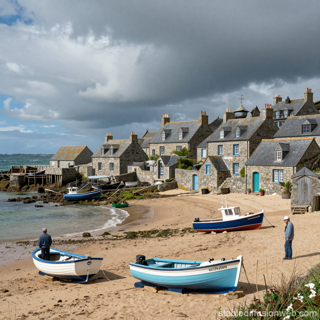 Breton Coastal Village with Stone Houses and Boats