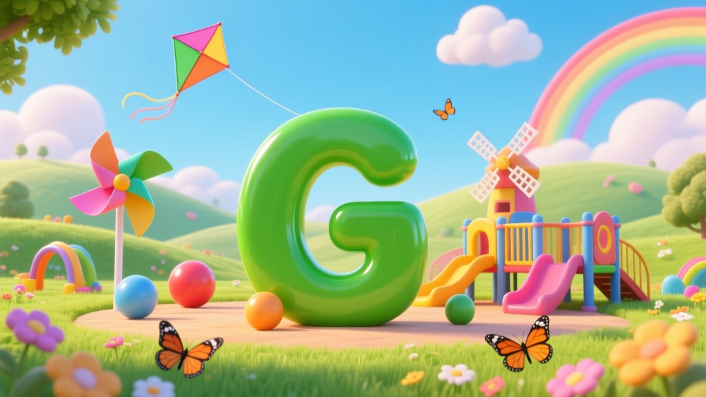 Bright 3D Cartoon Playground with Giant Green Letter G