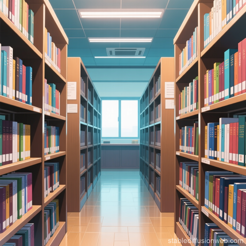 Bright and Organized Library Aisle in Anime Style