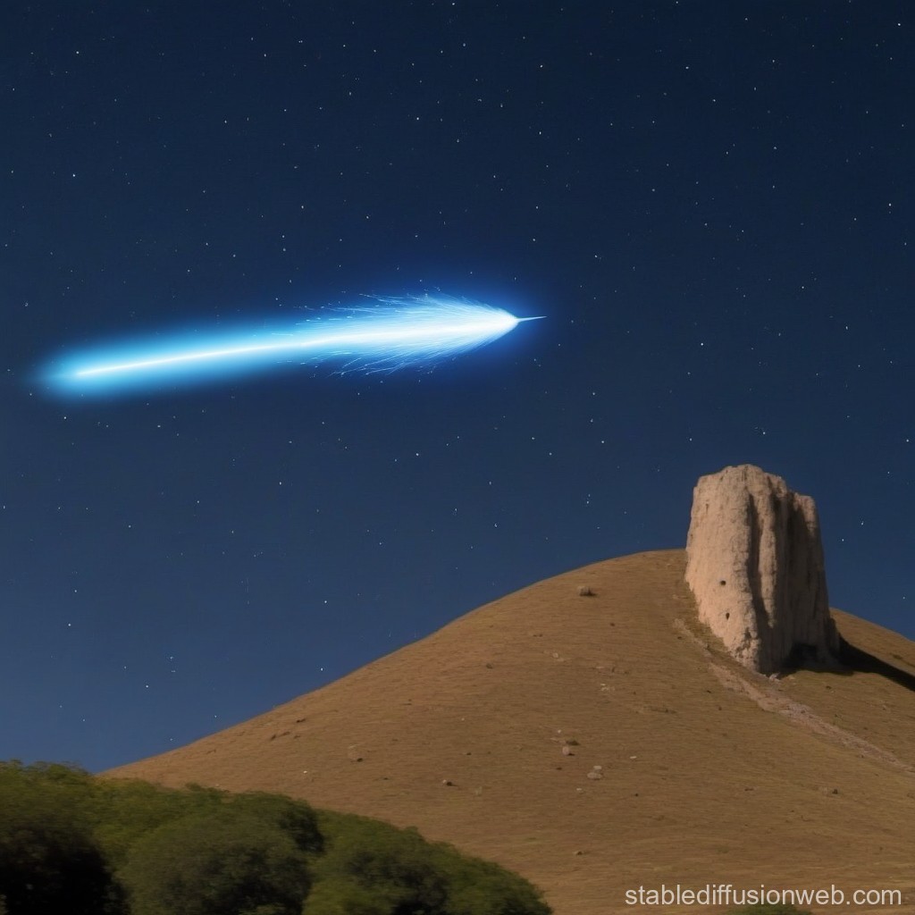 Bright Blue Meteor Streaking Across Starry Night Sky