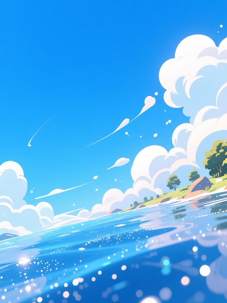 Bright Blue Sky Over Sparkling Water and Lush Shoreline