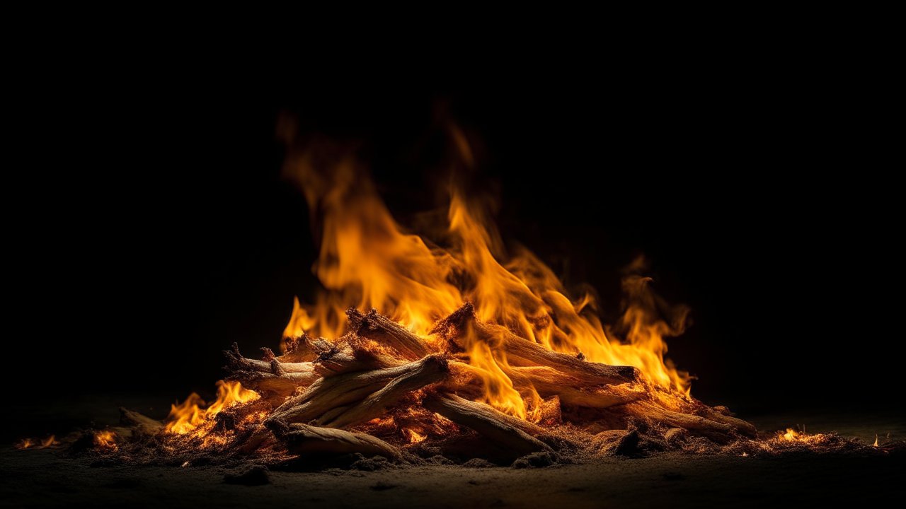 Bright Campfire Flames Against Dark Background