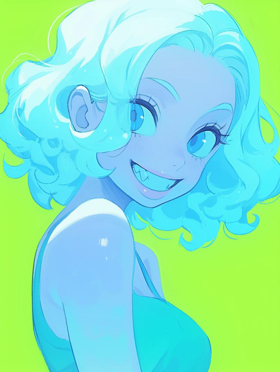 Bright Cartoon Portrait of a Smiling Girl with Blue Hair