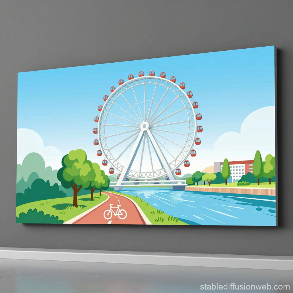 Bright Ferris Wheel by River with Bike Path Illustration