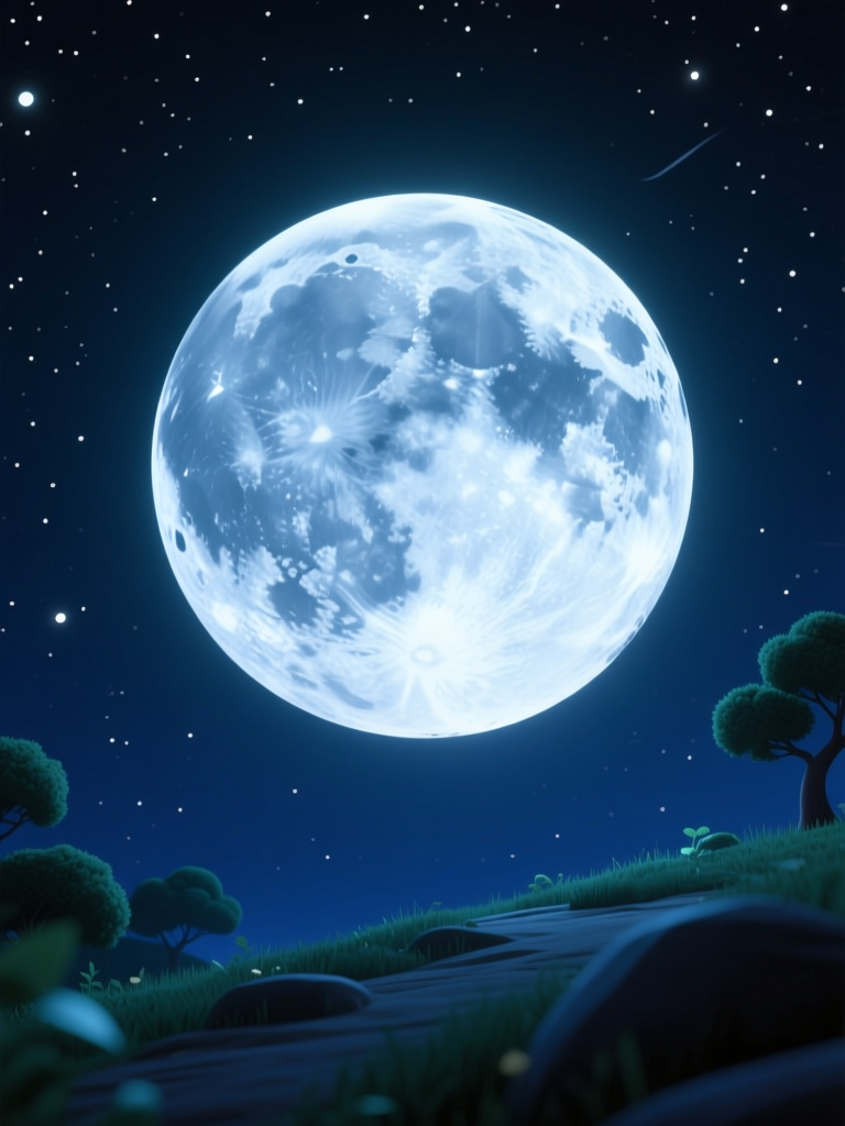Bright Full Moon Over a Serene Night Landscape