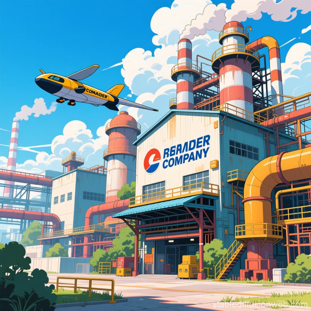 Bright Industrial Factory with Flying Aircraft