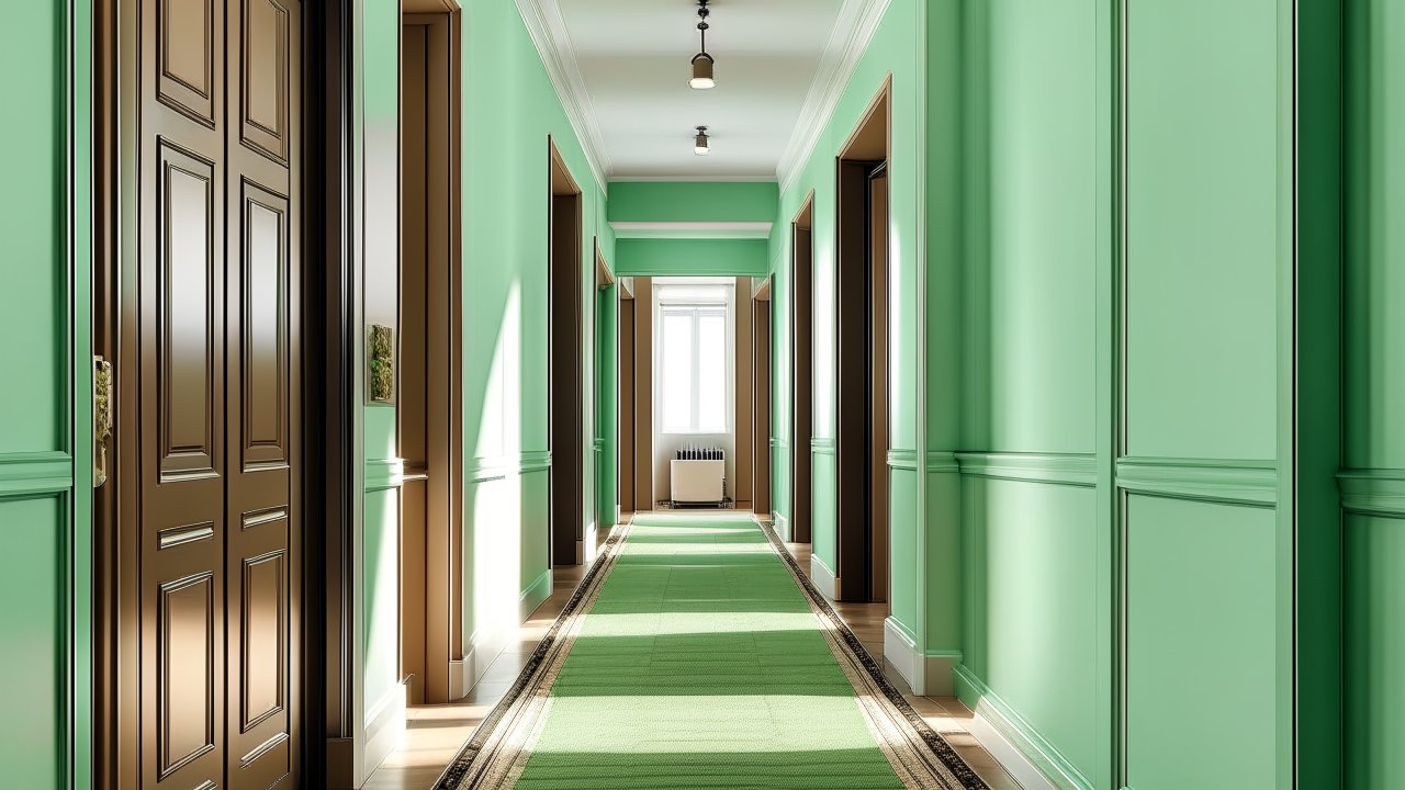 Bright Mint Green Hallway with Classic Wooden Doors