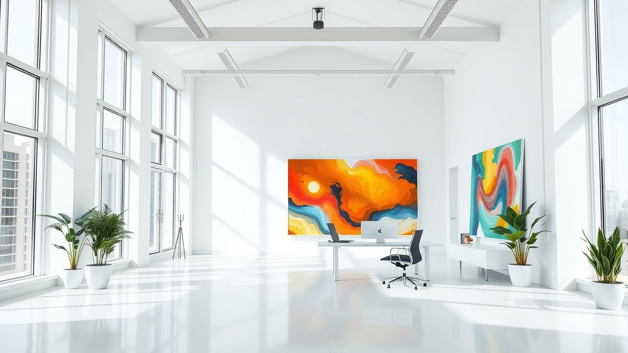 Bright Modern Office with Abstract Art and Large Windows