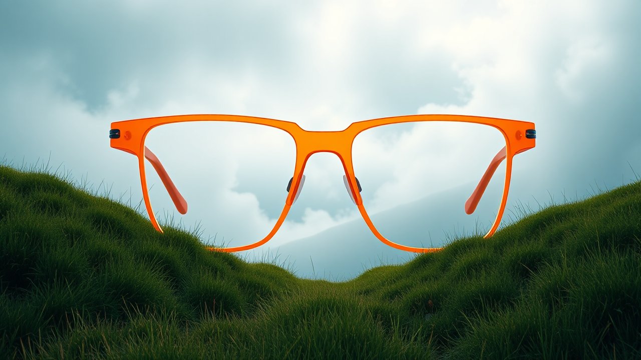 Bright Orange Glasses Framed by Lush Green Hills