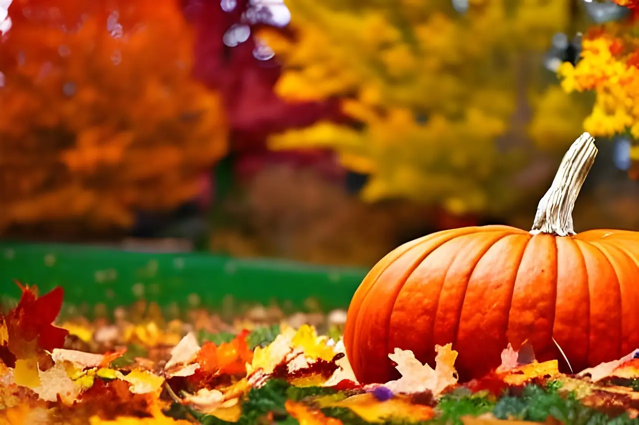 Bright Orange Pumpkin Amidst Colorful Autumn Leaves