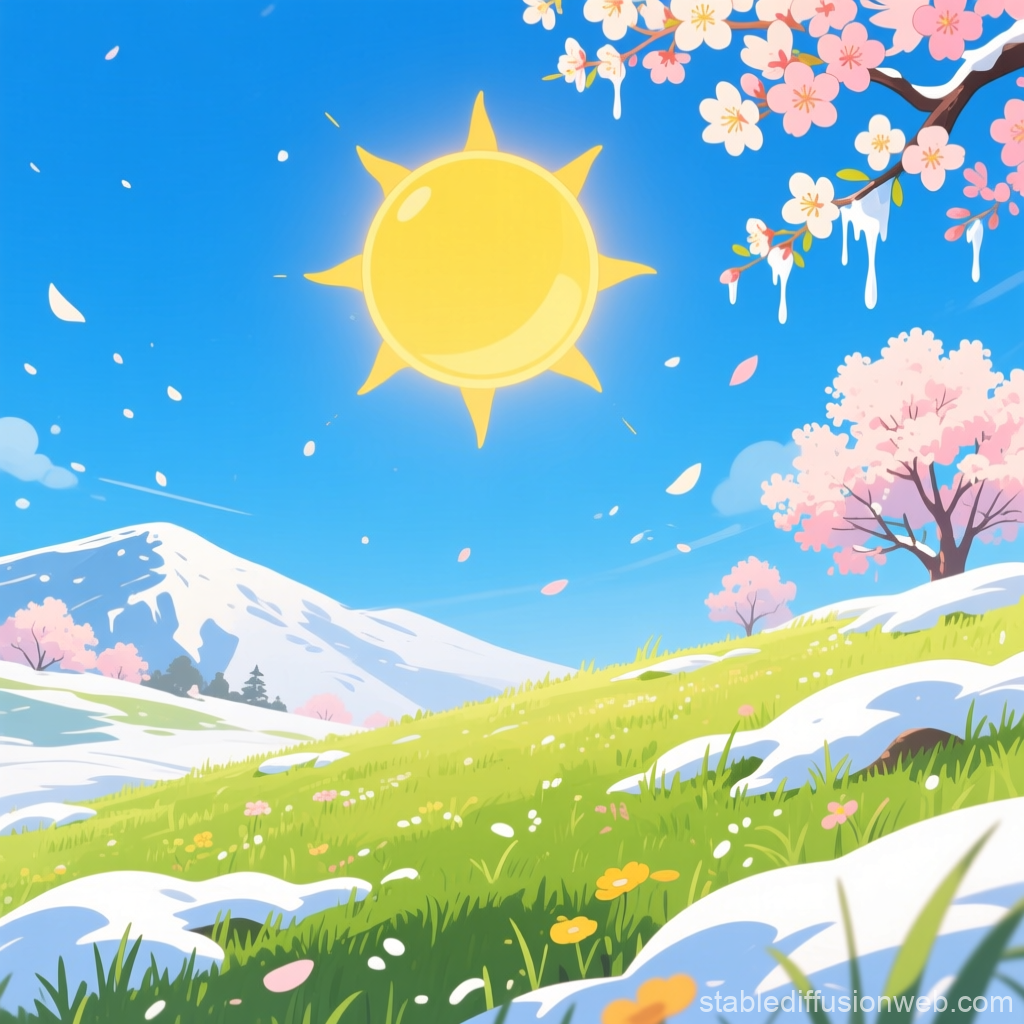 Bright Spring Day with Cherry Blossoms and Snowy Hills