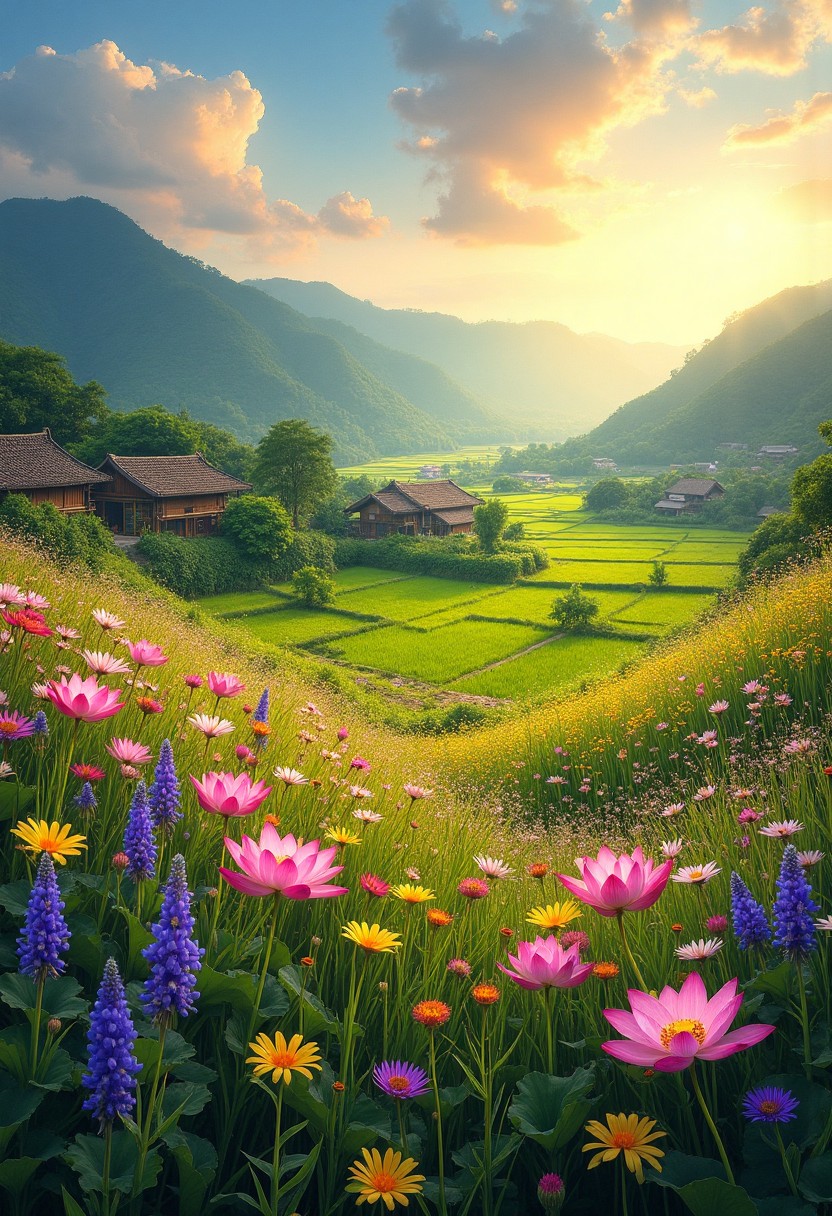 Bright Summer Flowers in a Serene Mountain Valley