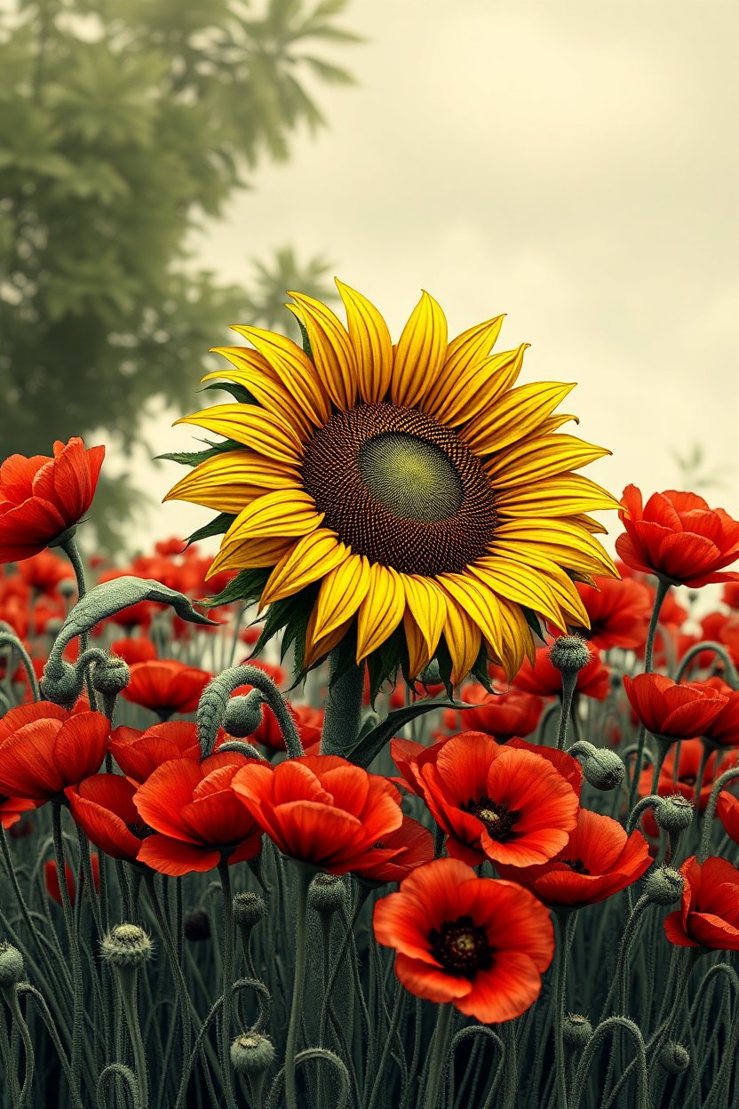 Bright Sunflower Among Red Poppies in Soft Light