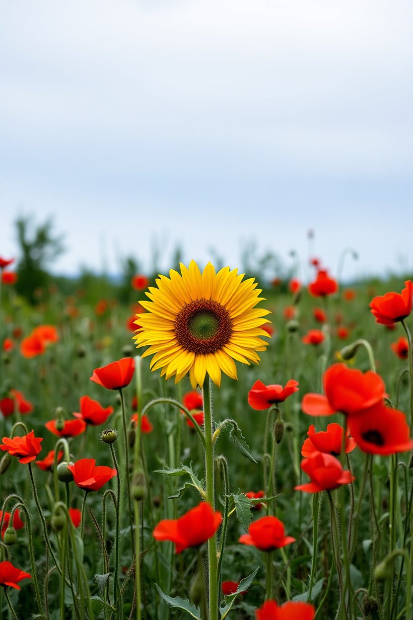 Bright Sunflower Standing Tall Among Red Poppies