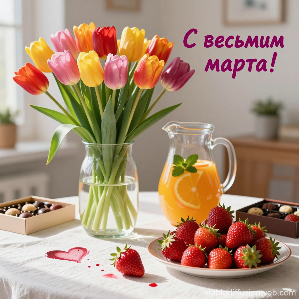 Bright Tulips and Fresh Strawberries for March 8 Celebration
