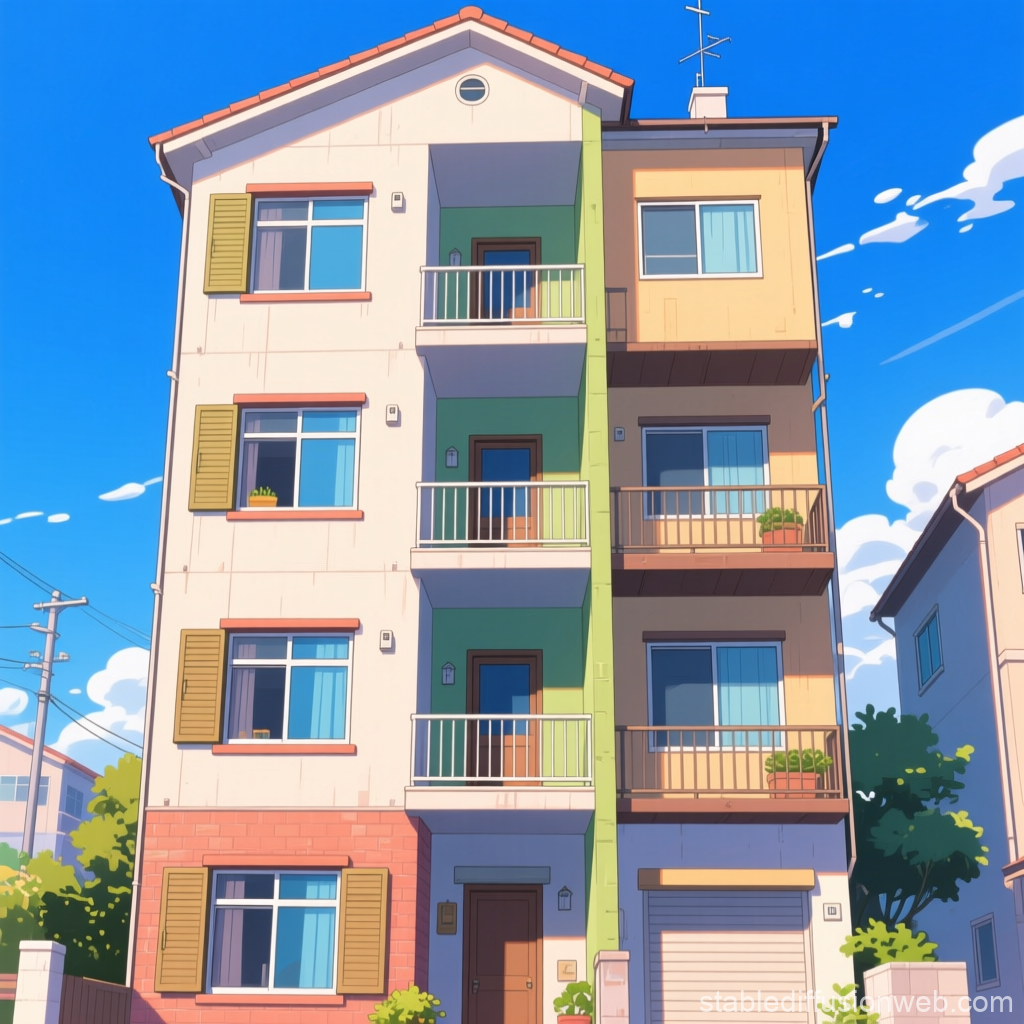 Bright Two-Story Apartment Building in Anime Style