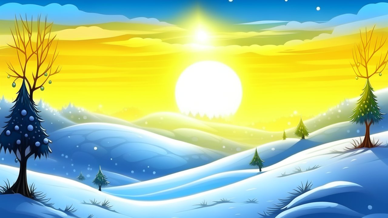 Bright Winter Sunrise Over Snowy Hills