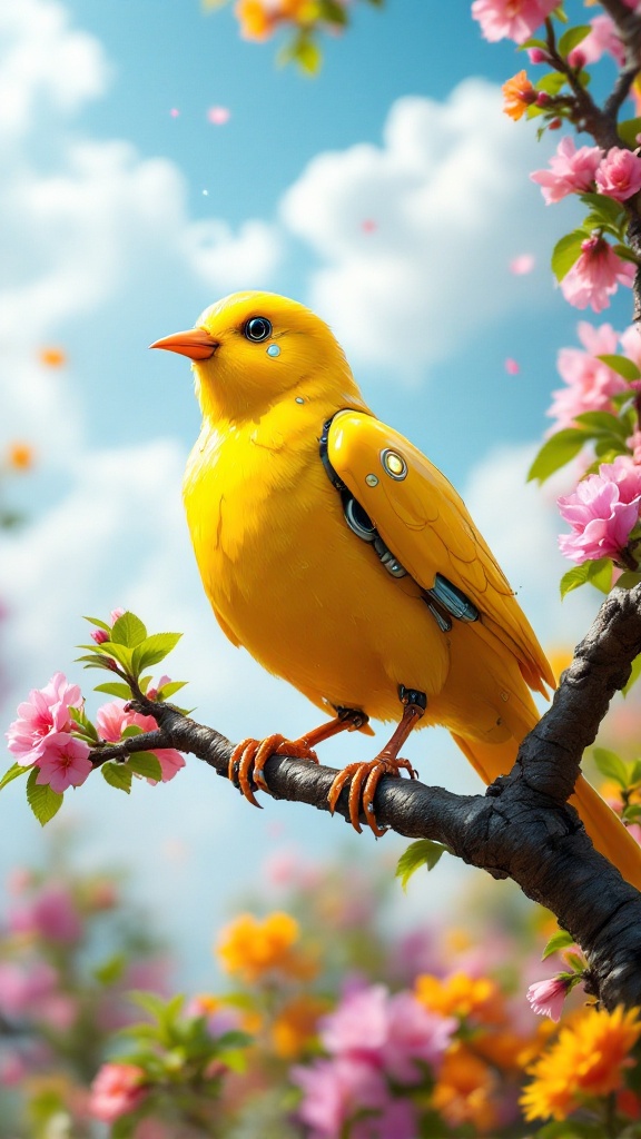 Bright Yellow Robotic Bird Perched on Blossom Branch
