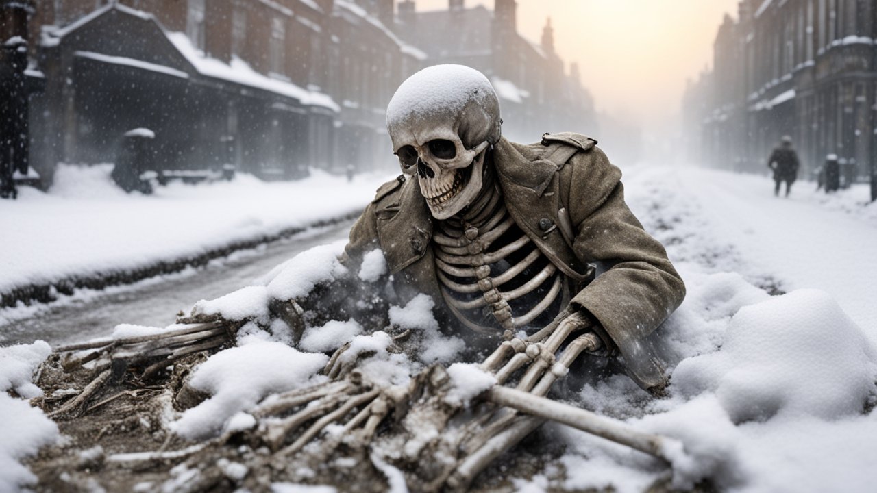 British Soldier Skeleton Emerging from Snowy Street