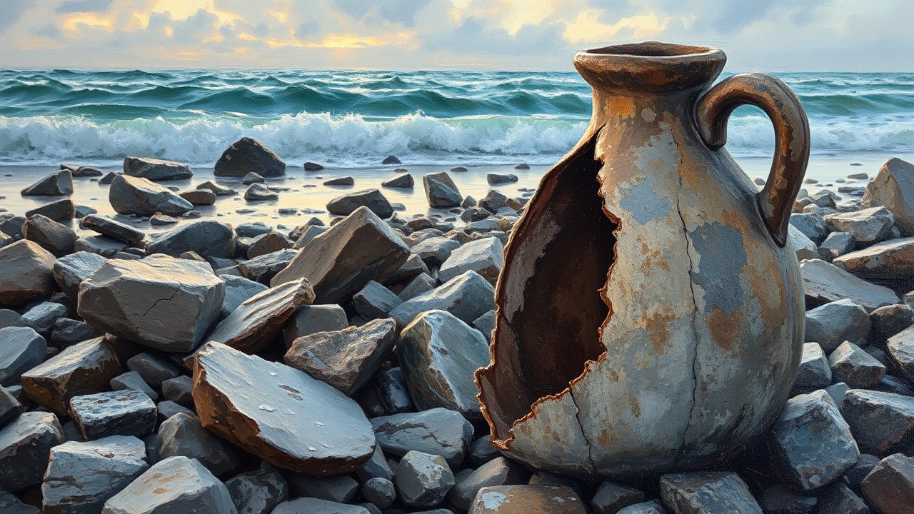 Broken Clay Jug on Rocky Shore with Ocean Waves
