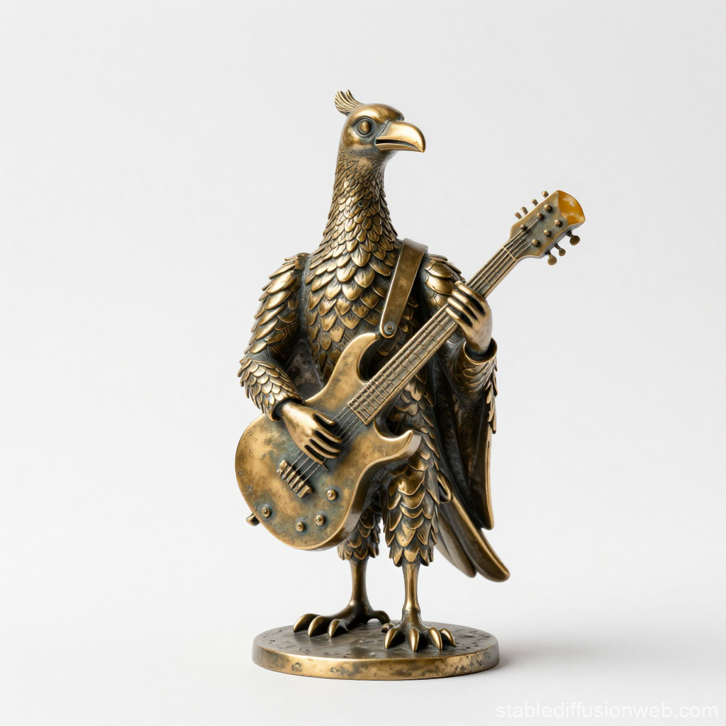Bronze Bird Statue Playing Electric Guitar
