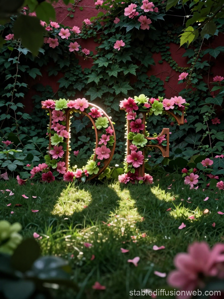 Bronze Letters 'DF' Adorned with Pink and Green Flowers in Garden