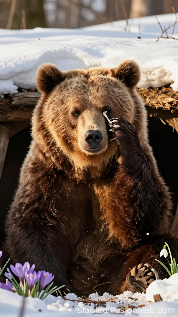 Brown Bear Cleaning Eye in Snowy Spring Setting