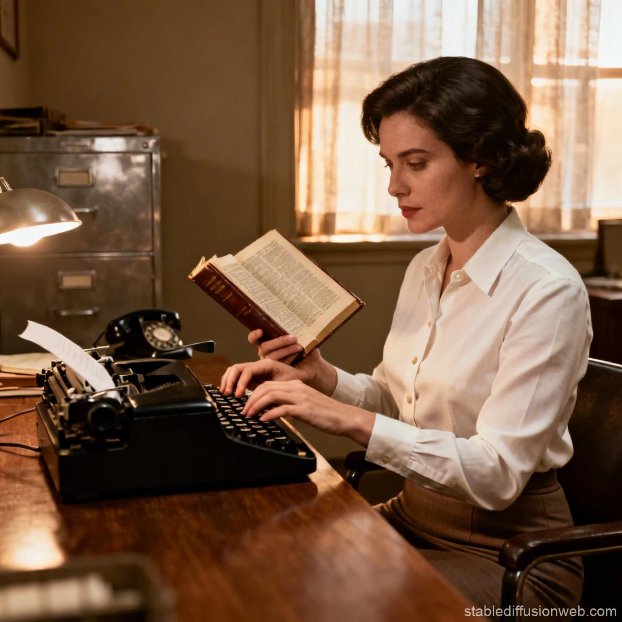 Brunet Secretary Typing with Book Reference in Vintage Office