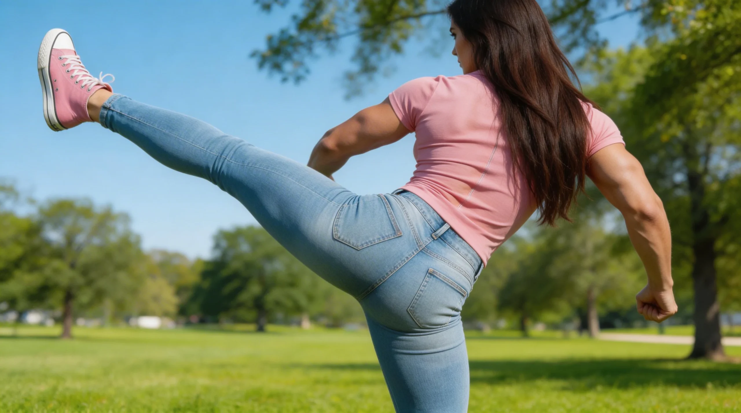Brunette Woman Performing High Kick Outdoors