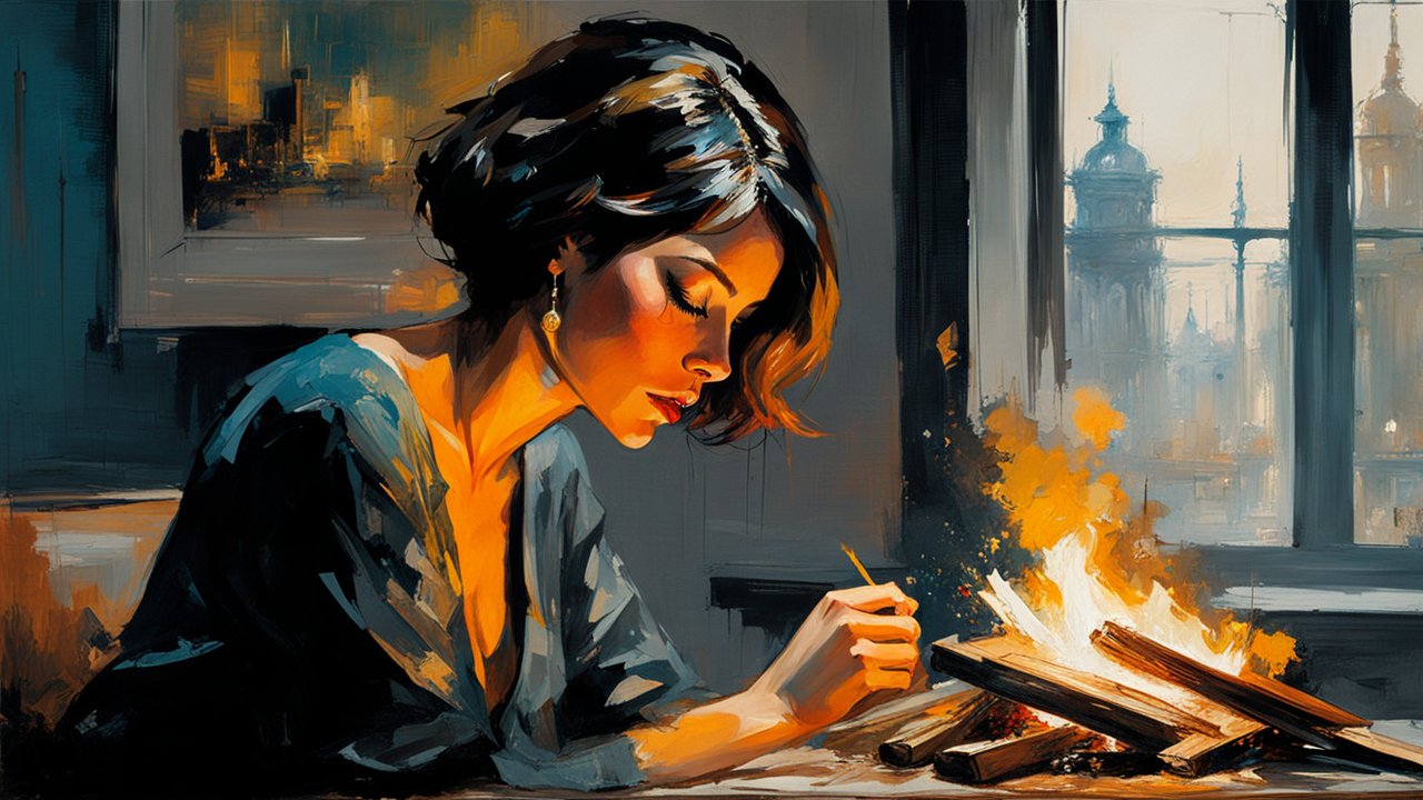Brunette Woman with Bob Writing by Firelight