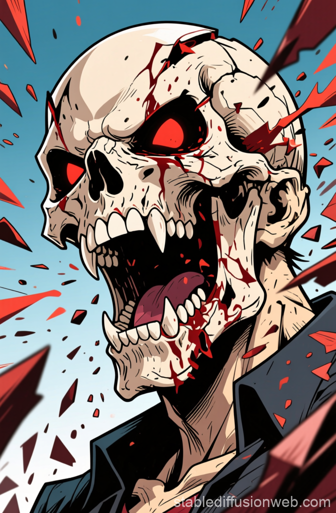 Brutal Manga Skull Head with Red Eyes and Blood Splatter
