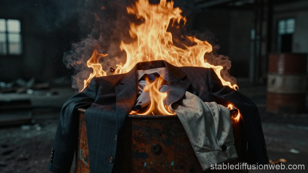 Burning Business Suit in Abandoned Industrial Setting
