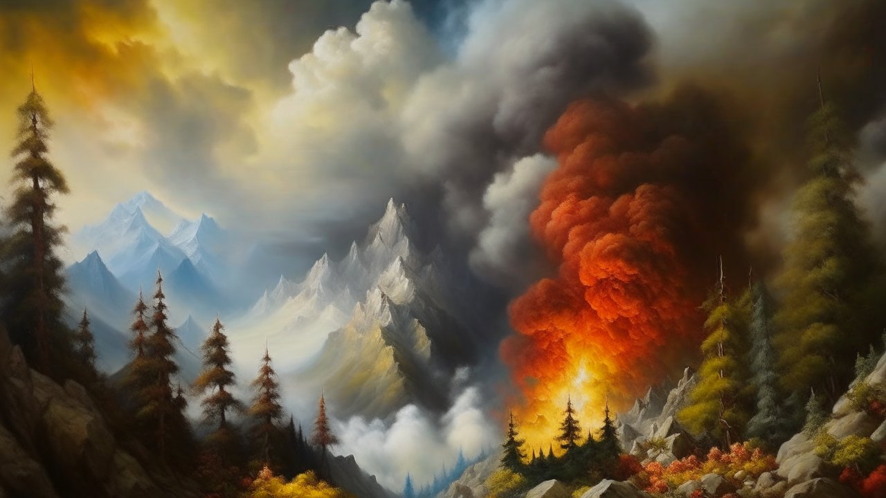 Burning Rocky Mountain with Dramatic Smoke and Flames