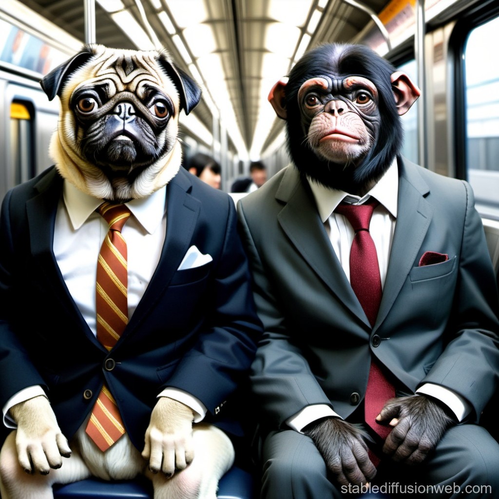 Business Animals: Pug and Chimpanzee in Suits on Subway