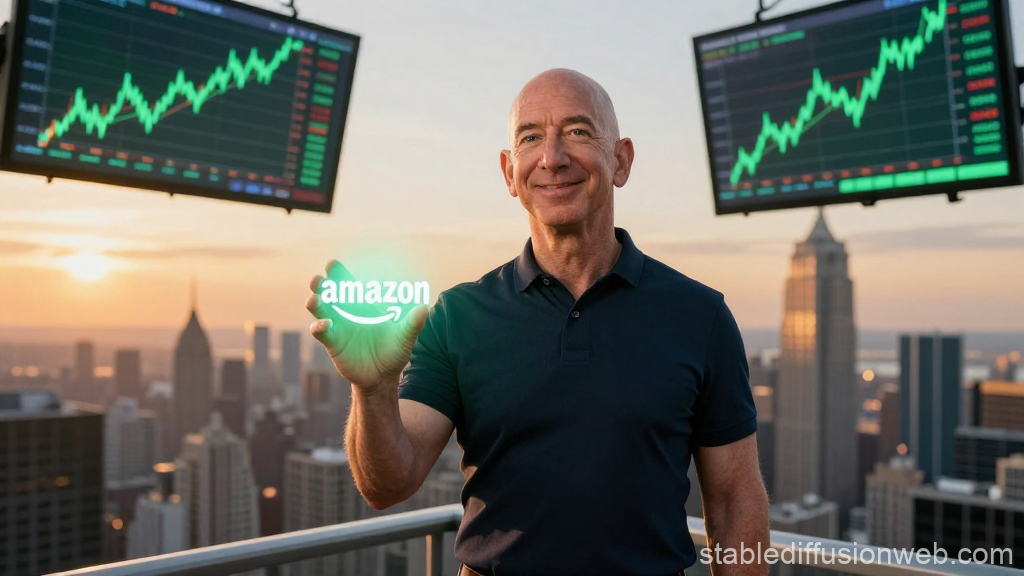 Business Leader Holding Glowing Amazon Logo with Stock Market Charts
