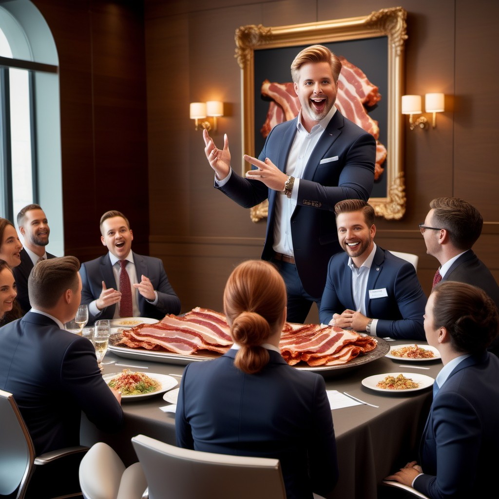 Business Meeting with Giant Bacon Feast in Elegant Conference Room