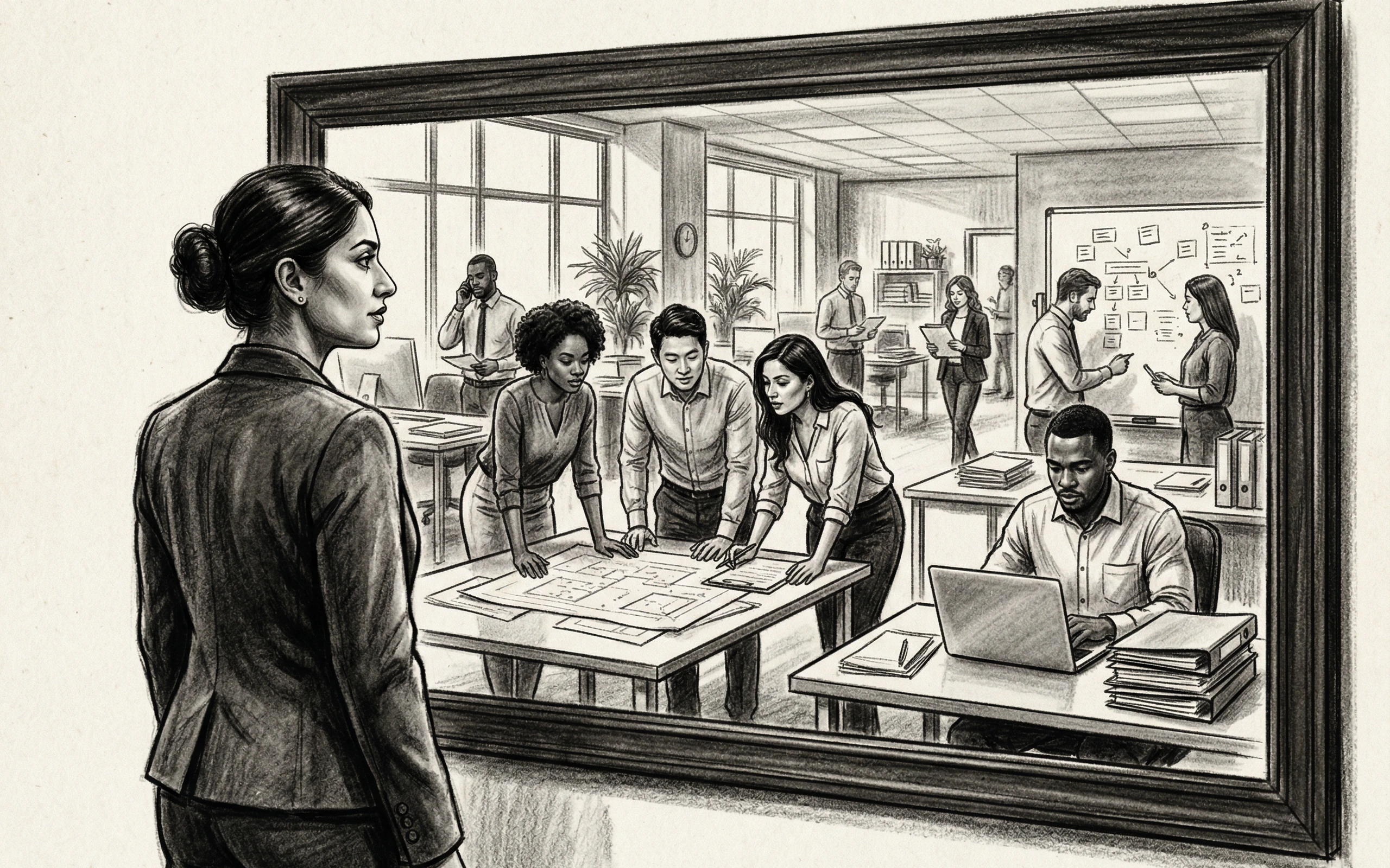 Business Owner Observing Team Collaboration in Office