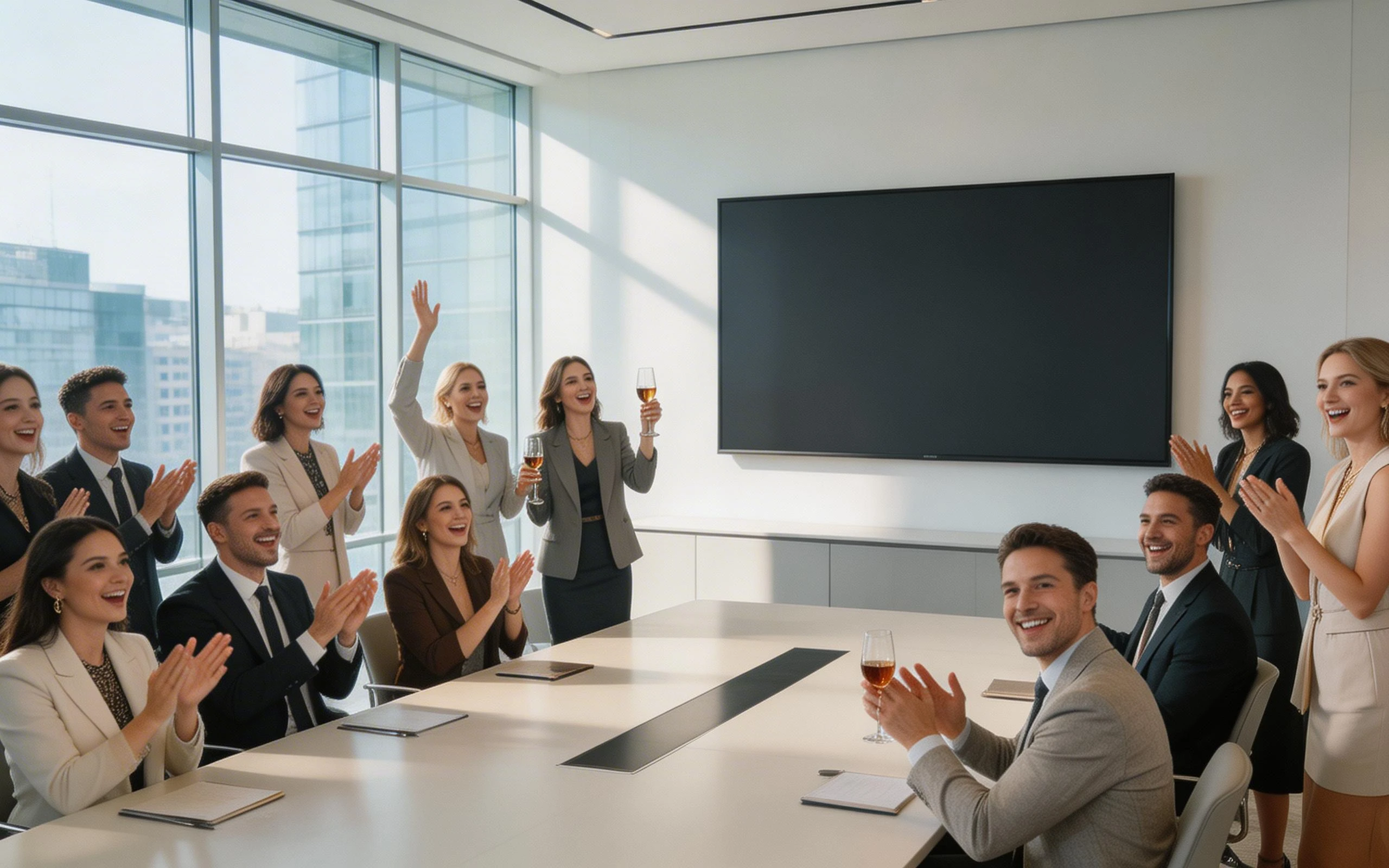 Business Team Celebrating Success in Modern Conference Room
