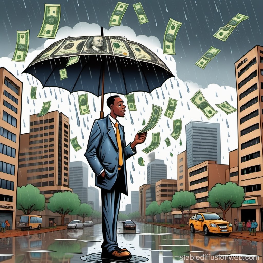 Businessman Holding Umbrella in Money Rain