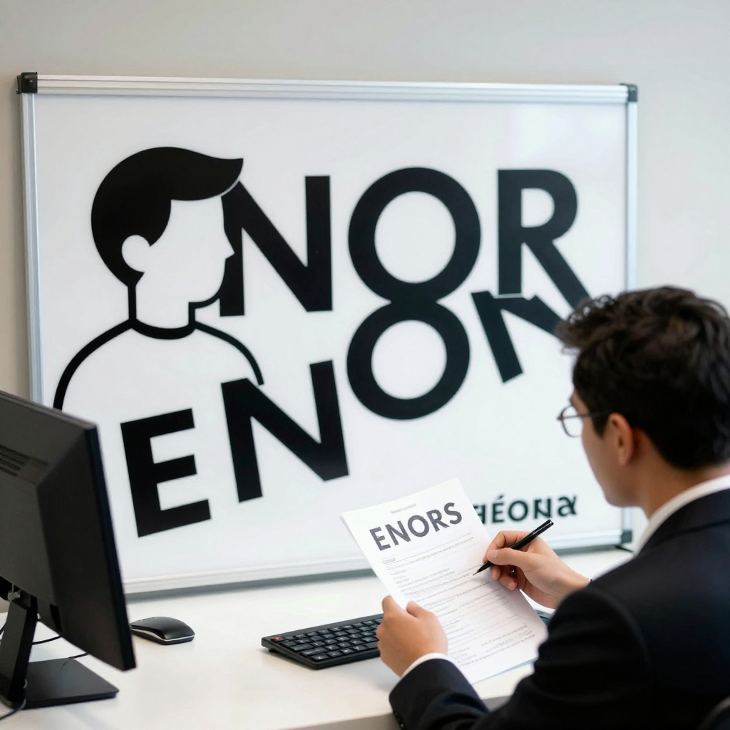 Businessman Reviewing Document in Office with Abstract Signage