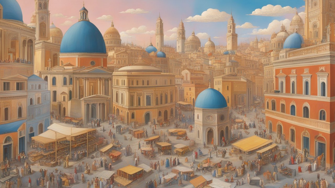 Bustling Ancient City Square with Blue Domed Buildings